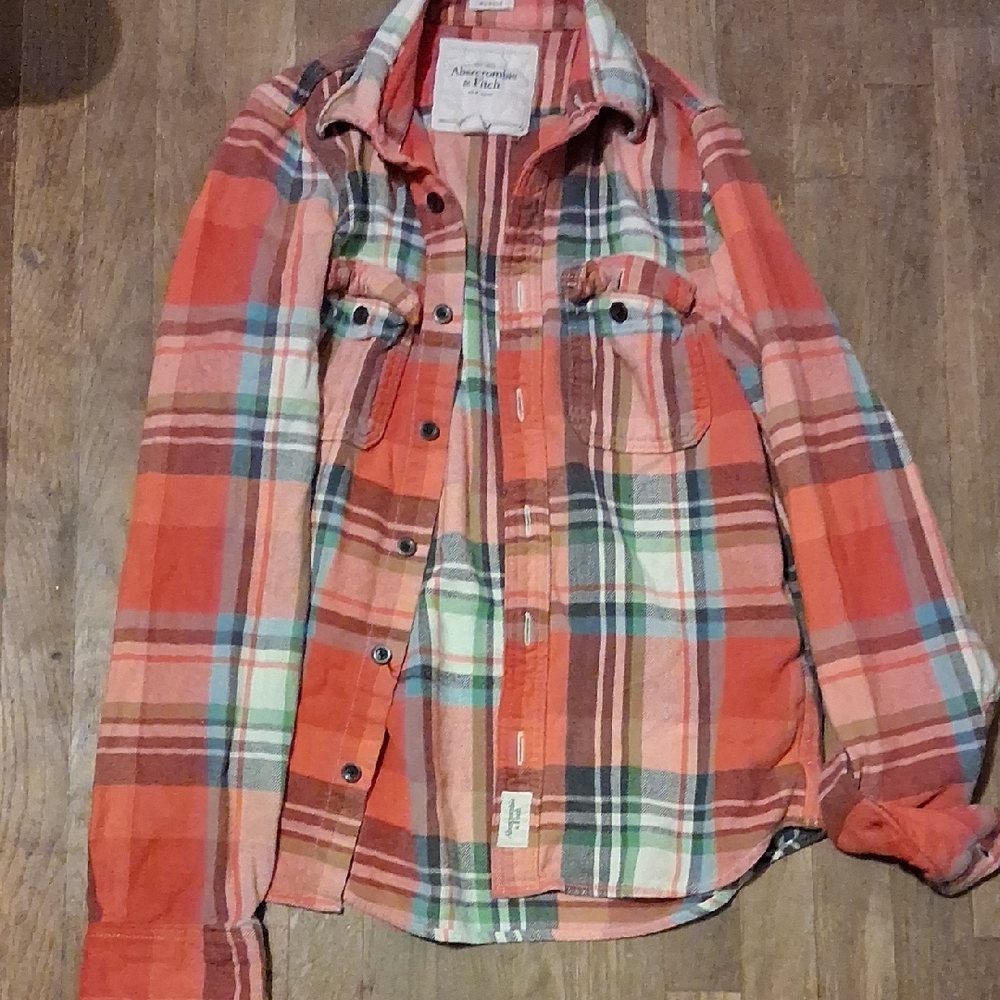 Abercrombie & Fitch Orange Plaid Flannel Shirt with Green & Blue Accents
